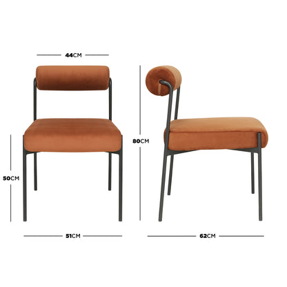 Alona Modern Velvet Dining Chair Set of 2 in Terracotta, featuring a rust-brown velvet seat and tubular backrest with sleek matte-black metal legs, shown from front and side angles.