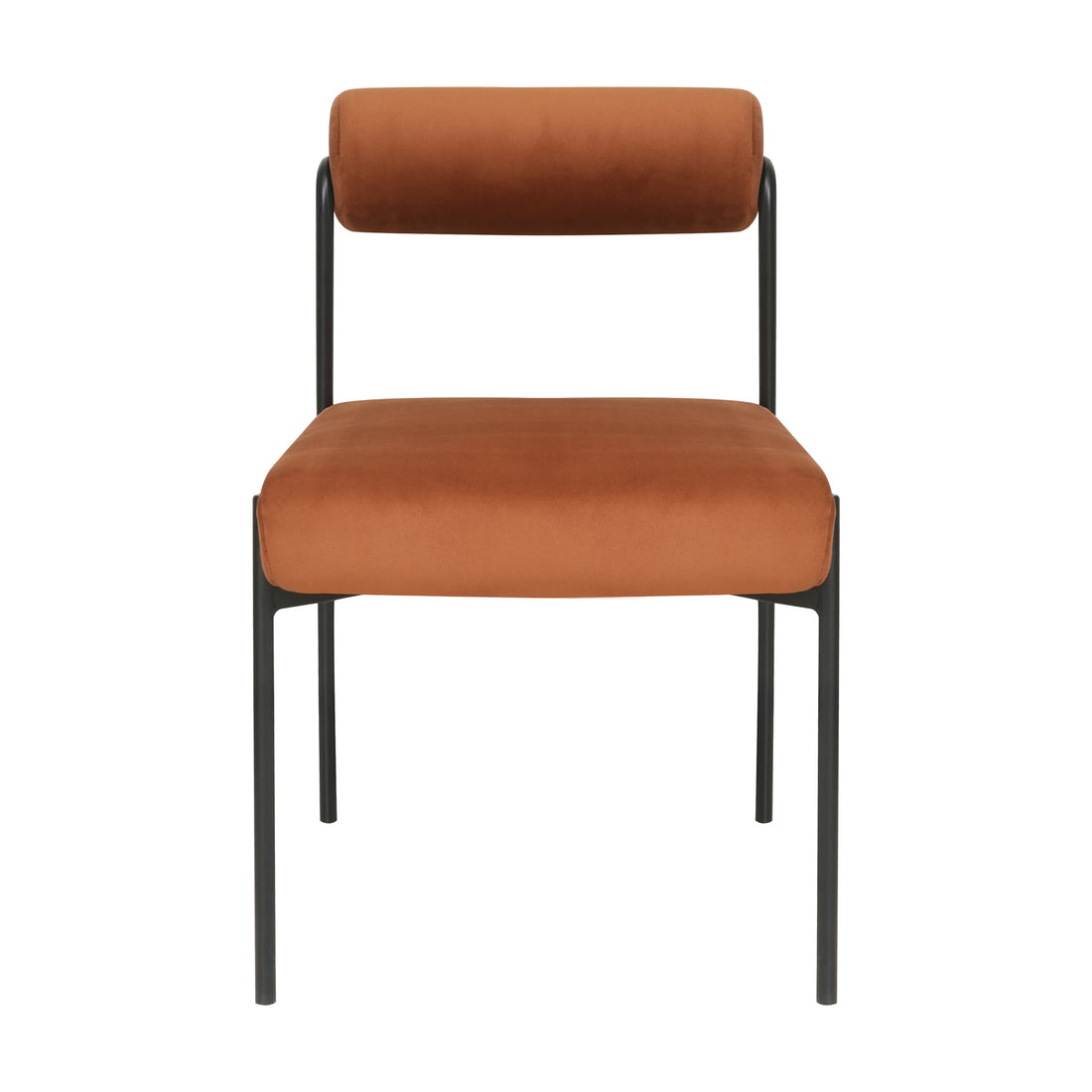 Alona Modern Velvet Dining Chair Set of 2 in Terracotta features a sleek black metal frame with a plush burnt-orange seat and cylindrical backrest, embodying minimalist, industrial elegance.