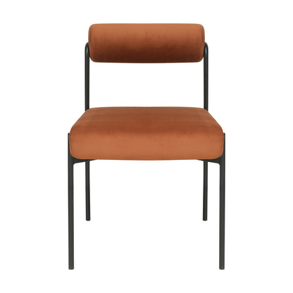 Alona Modern Velvet Dining Chair Set of 2 in Terracotta features a sleek black metal frame with a plush burnt-orange seat and cylindrical backrest, embodying minimalist, industrial elegance.