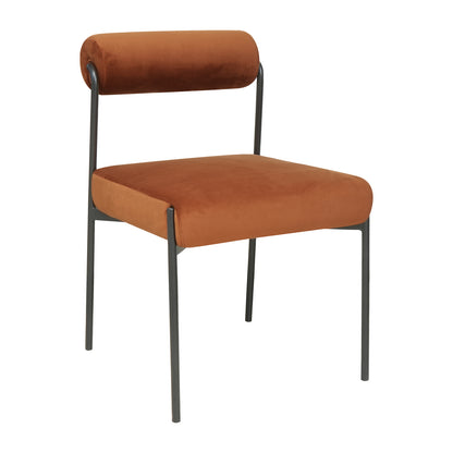 Alona Modern Velvet Dining Chair Set of 2 in Terracotta featuring a slim black metal frame, rust-orange velvet upholstery, cylindrical backrest, and foam-padded seat, offering modern elegance and comfort.