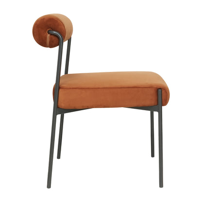 Alona Modern Velvet Dining Chair Set of 2 in Terracotta showcases a sleek black metal frame with an orange-rust cushion, featuring a cylindrical backrest for ergonomic support and contemporary elegance.