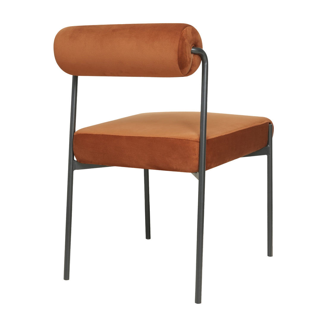 Alona Modern Velvet Dining Chair Set of 2 in Terracotta features a rust-orange upholstered seat, cylindrical back pad, and slim black metal frame, offering a stylish and comfortable dining solution.