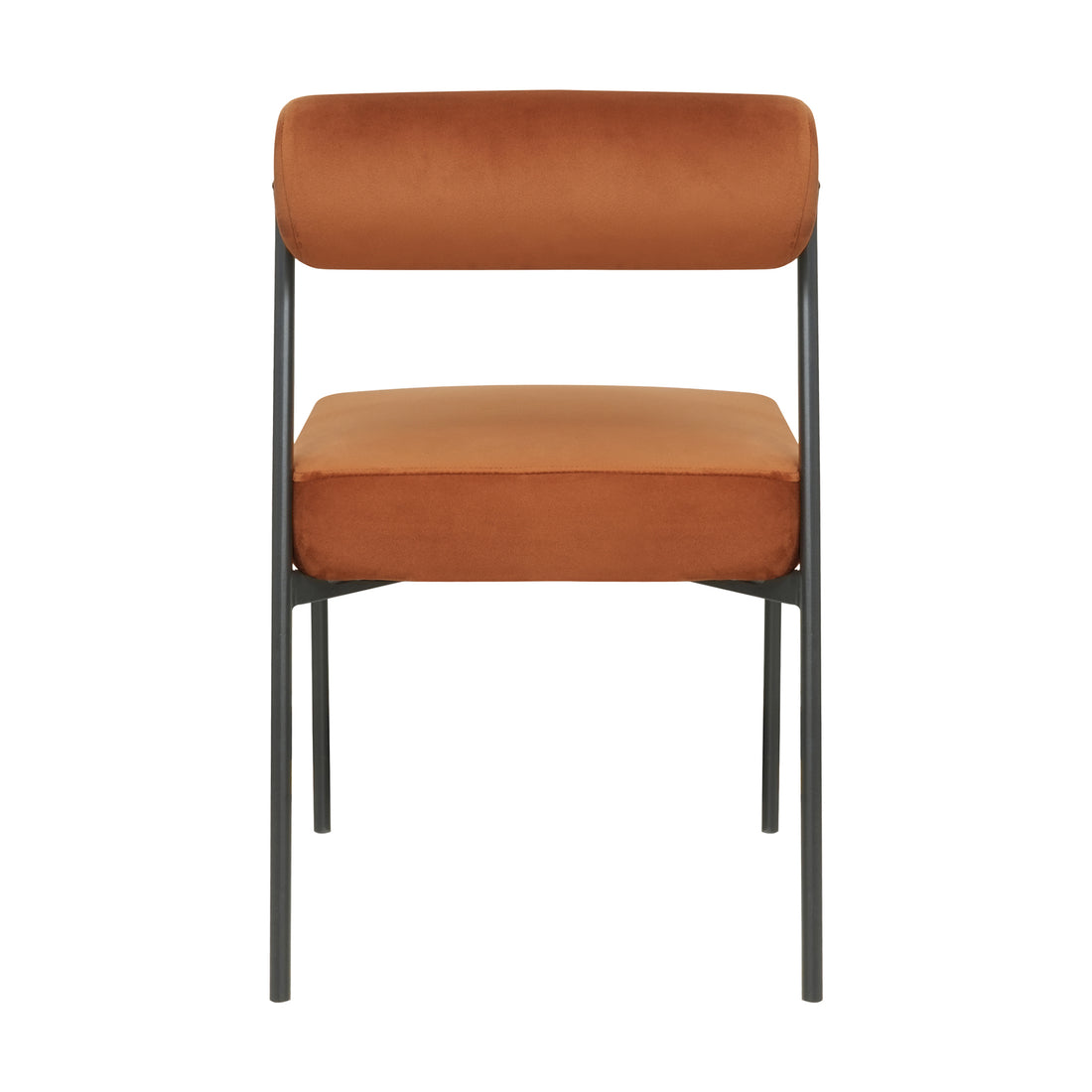 Alona Modern Velvet Dining Chair Set of 2 in Terracotta features a sleek black metal frame with a burnt-orange velvet seat and curved backrest, combining comfort and minimalist elegance.