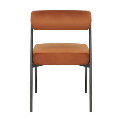 Alona Modern Velvet Dining Chair Set of 2 in Terracotta features a sleek black metal frame with a burnt-orange velvet seat and curved backrest, combining comfort and minimalist elegance.