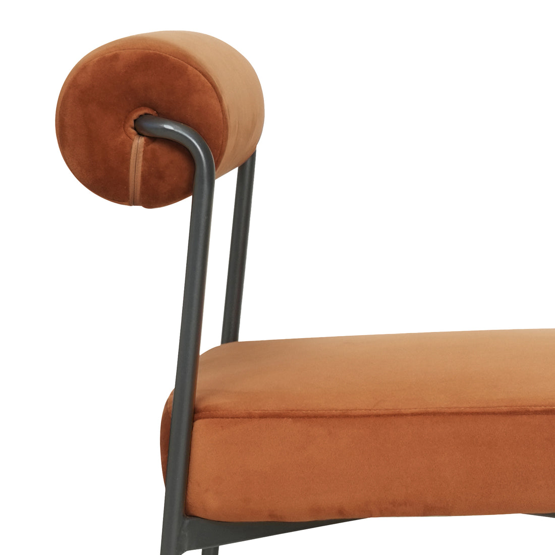 Close-up of the Alona Modern Velvet Dining Chair Set of 2 in Terracotta, showcasing a rust-orange velvety fabric with a tubular backrest, plush seat cushion, and dark metal frame.