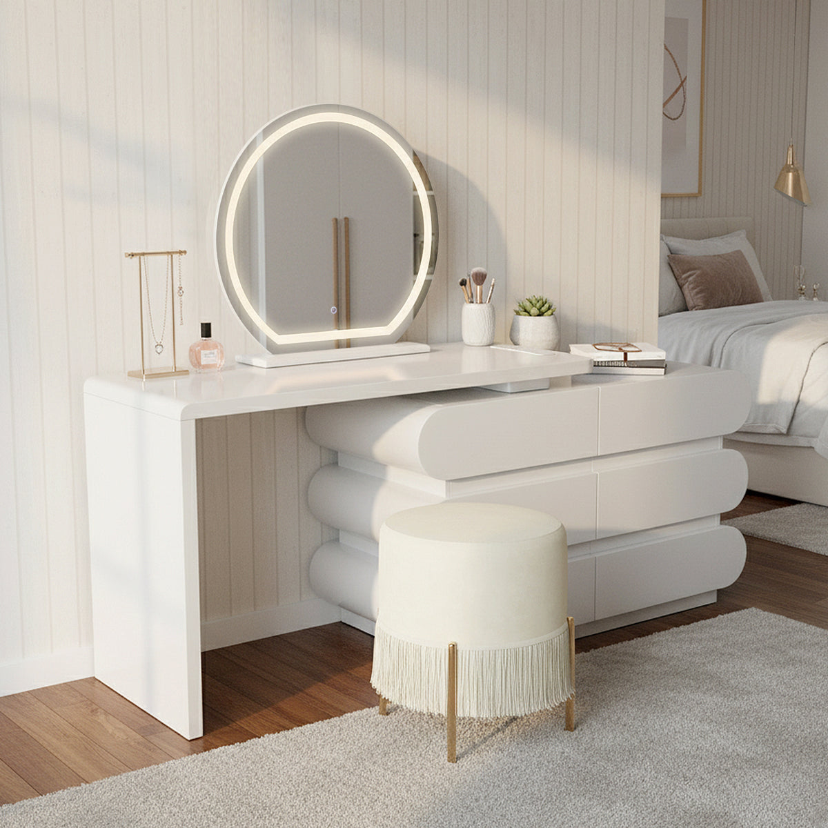 Alora Extendable Vanity Storage Table w/ LED Mirror in White