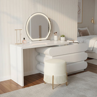 Alora LED Mirror Makeup Vanity Table with Storage in White features a sleek design with rounded-edge drawers, a lighted mirror, jewelry stand, perfume bottle, makeup brush holder, and upholstered stool.