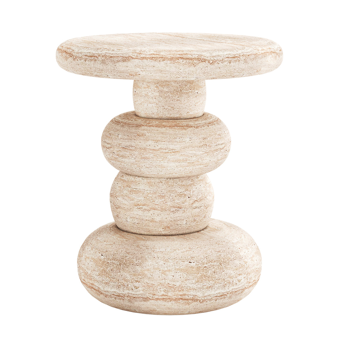 Amalee 40cm Round Indoor/Outdoor Concrete Side Table Travertine features stacked pebble-shaped stone elements, creating a sculptural, cairn-like appearance with a smooth round top, ideal for stylish indoor settings.
