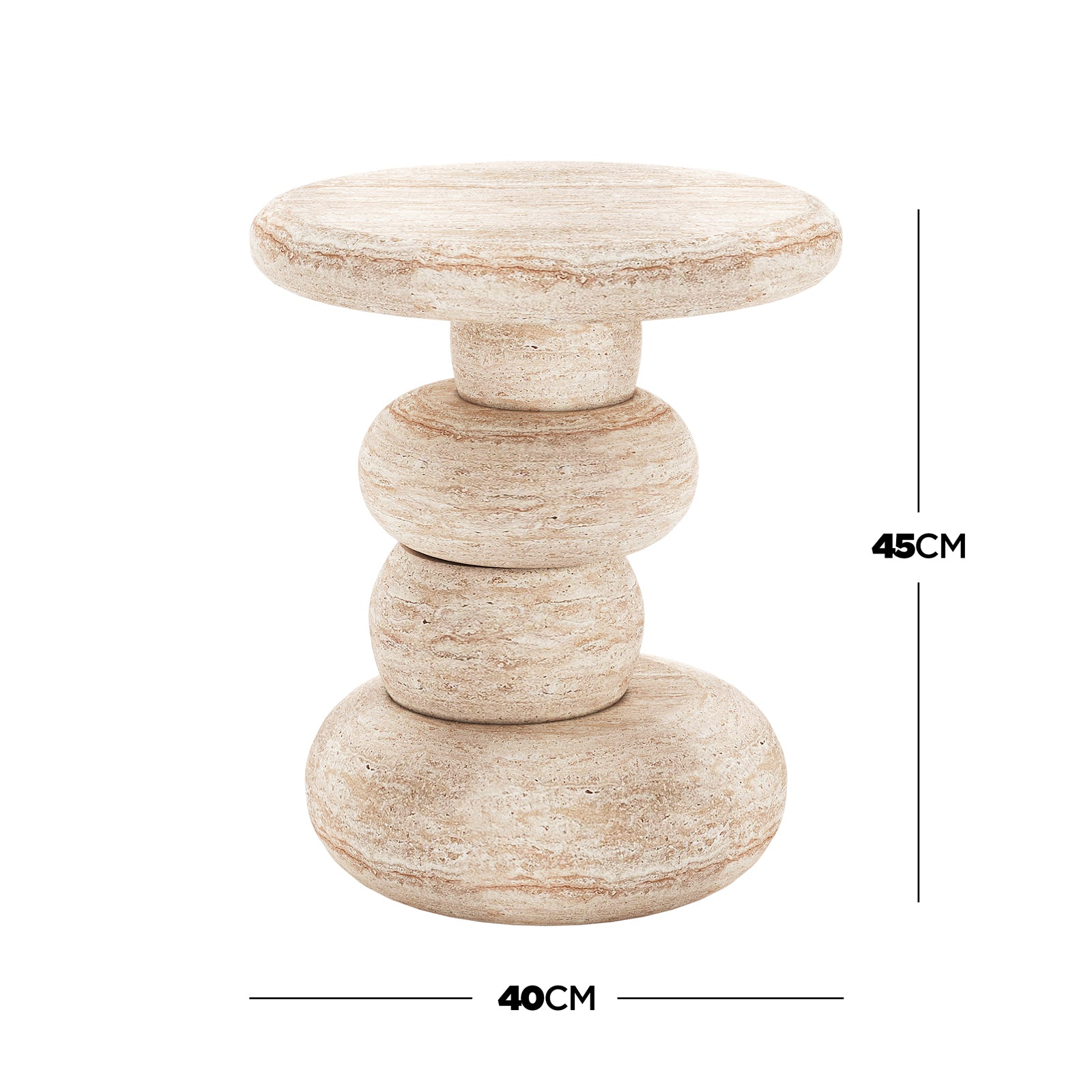 Amalee 40cm Round Indoor/Outdoor Concrete Side Table Travertine, featuring stacked pebble-shaped travertine stones, forming a sculptural base with a smooth round tabletop, stands 45 cm tall and 40 cm wide.