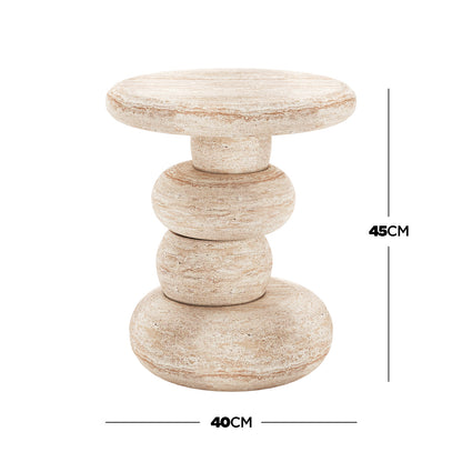 Amalee 40cm Round Indoor/Outdoor Concrete Side Table Travertine, featuring stacked pebble-shaped travertine stones, forming a sculptural base with a smooth round tabletop, stands 45 cm tall and 40 cm wide.