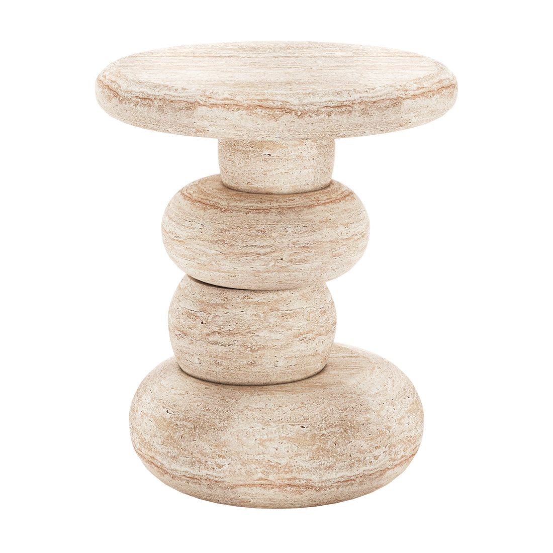 Amalee 40cm Round Indoor/Outdoor Concrete Side Table Travertine, sculpted to mimic stacked stones, features smooth, rounded pebble shapes as its base with a flat, circular top, showcasing a unique, artistic design.