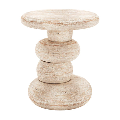 Amalee 40cm Round Indoor/Outdoor Concrete Side Table Travertine, sculpted to mimic stacked stones, features smooth, rounded pebble shapes as its base with a flat, circular top, showcasing a unique, artistic design.