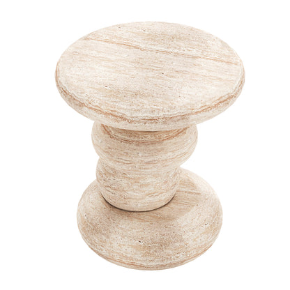 Amalee 40cm Round Indoor/Outdoor Concrete Side Table Travertine, featuring a sculptural design with a smooth, flat top, turned middle, and broad base, carved from light beige stone for elegant indoor decor.