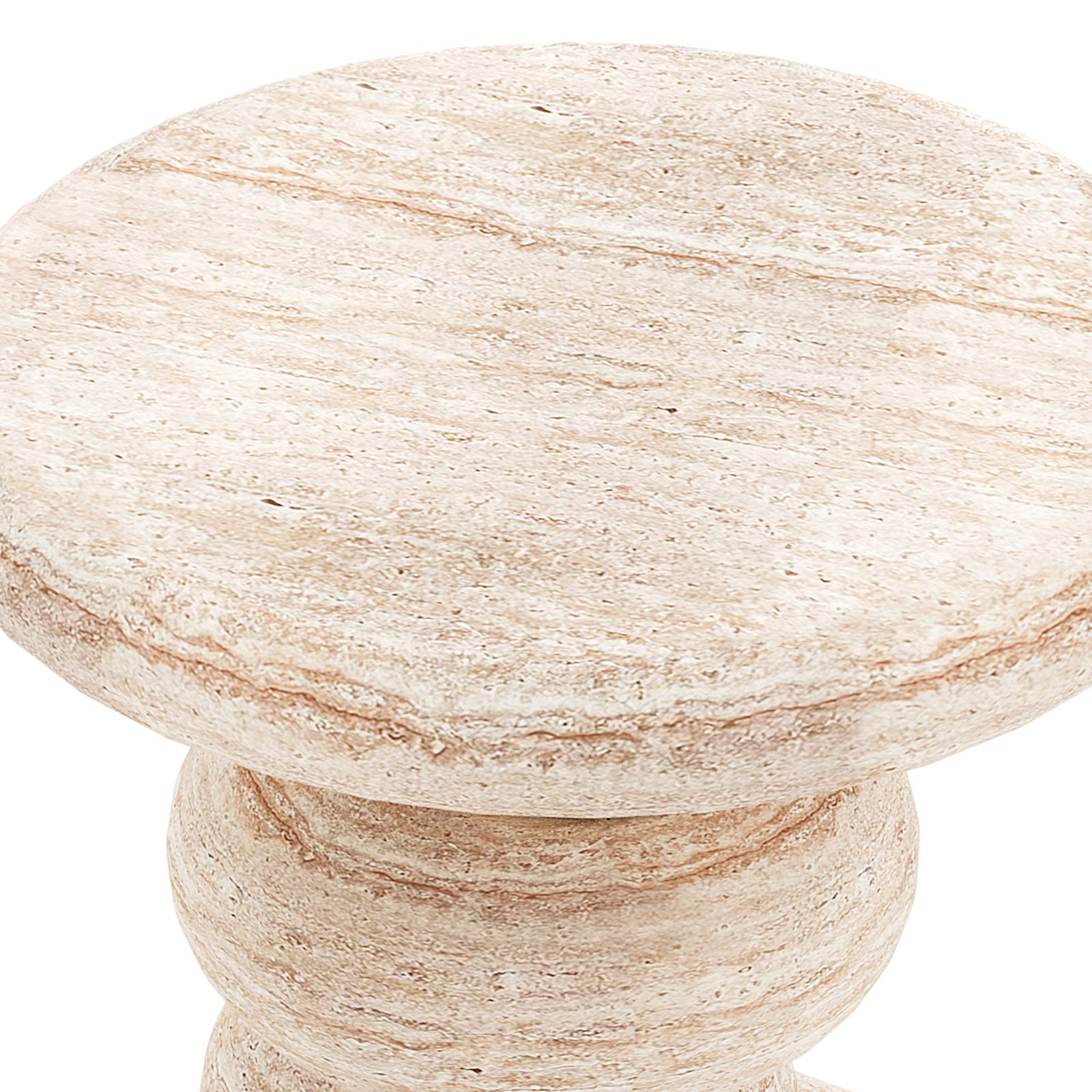 Amalee 40cm Round Indoor/Outdoor Concrete Side Table Travertine, featuring a close-up of its light-beige, marbled stone top and sculptural column base, showcasing elegant craftsmanship and natural texture.