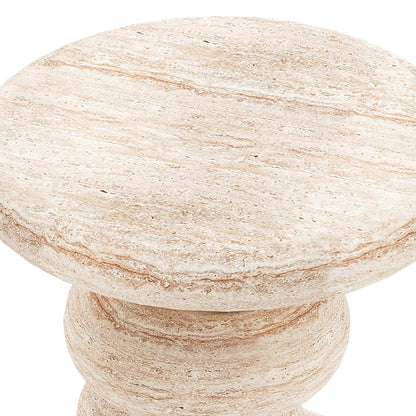 Amalee 40cm Round Indoor/Outdoor Concrete Side Table Travertine, featuring a close-up of its light-beige, marbled stone top and sculptural column base, showcasing elegant craftsmanship and natural texture.