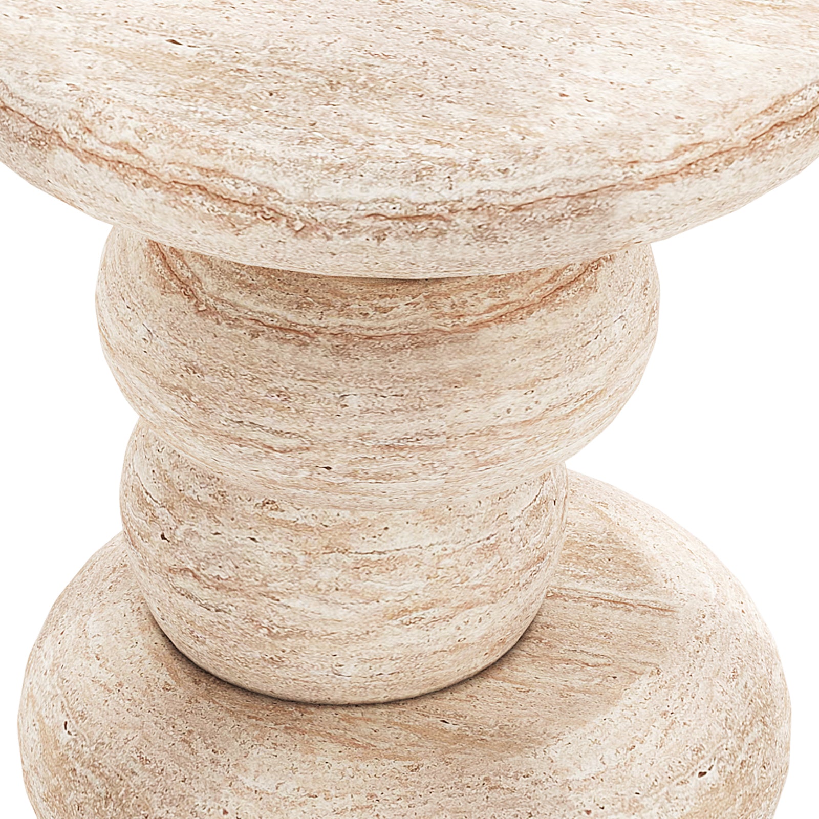 Close-up of the Amalee 40cm Round Indoor/Outdoor Concrete Side Table Travertine, showcasing its sculpted, stacked-disc design with natural stone texture and subtle banding, highlighting its modern and elegant form.