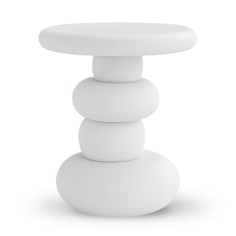 Amalee 40cm Round Indoor/Outdoor Concrete Side Table White with a sculptural base of stacked pebble forms and a flat circular top, exemplifying modern elegance for versatile use.