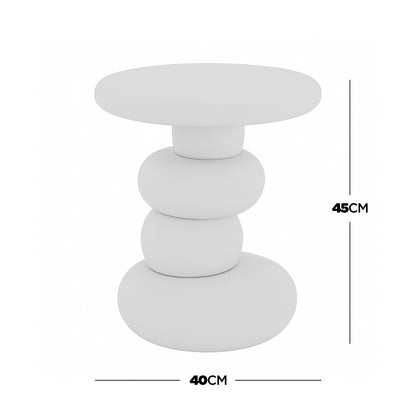Amalee 40cm Round Indoor/Outdoor Concrete Side Table White, featuring a modern, sculptural design with four stacked pebble-like forms and a smooth round tabletop, ideal for stylish outdoor spaces.