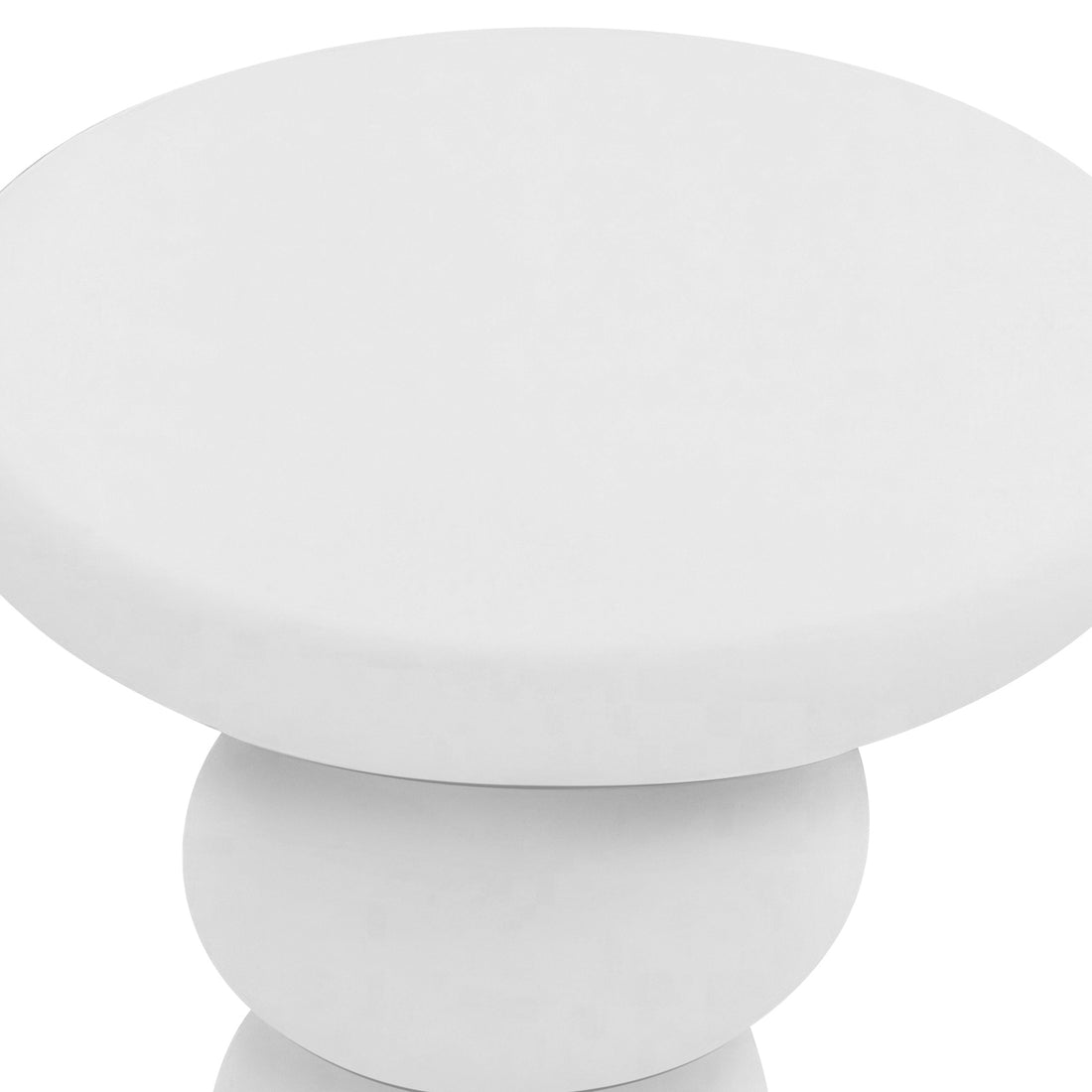 Amalee 40cm Round Indoor/Outdoor Concrete Side Table White features a minimalist design with a smooth round top and sculptural disc-shaped base, set against a plain backdrop.