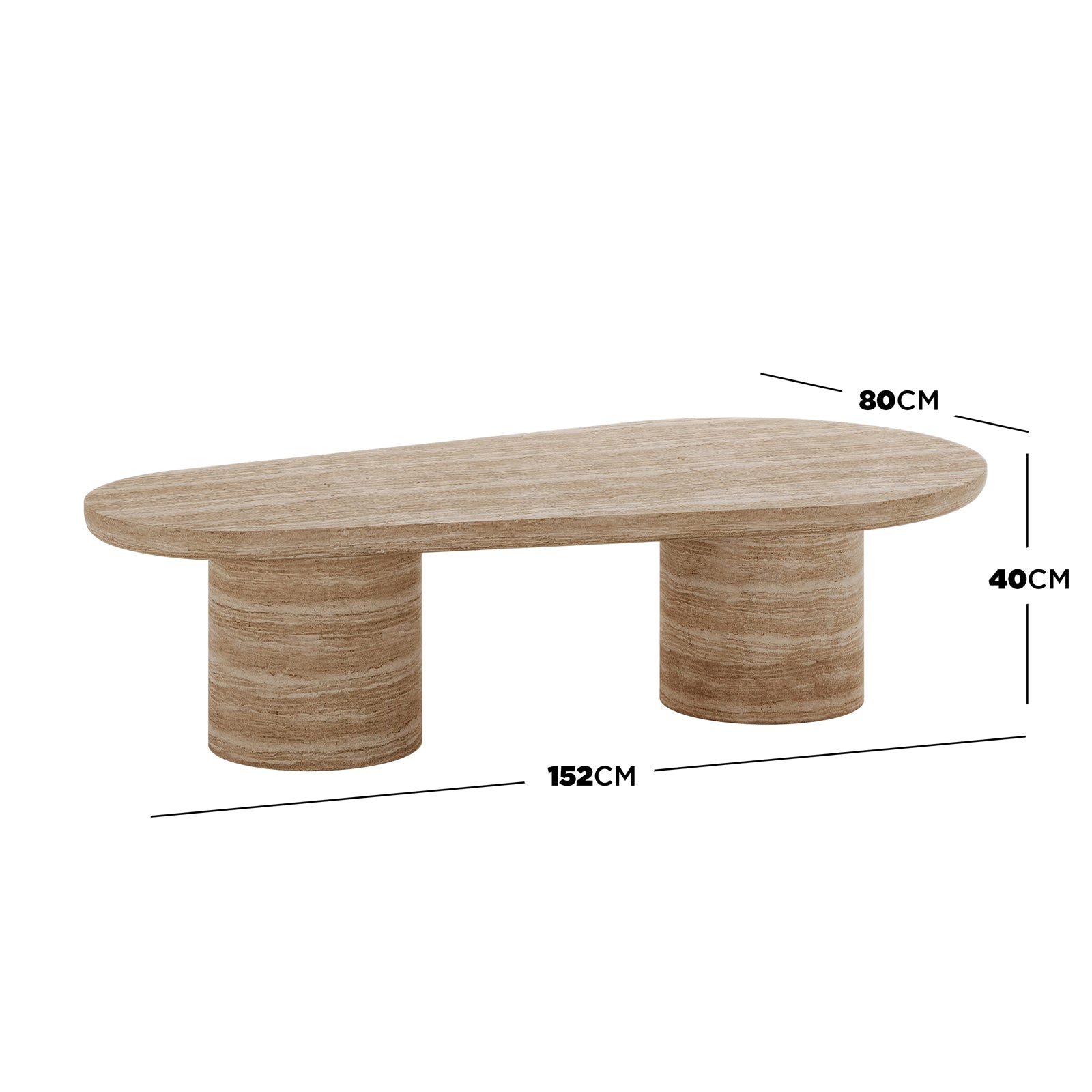 Amarosa Curved Indoor/Outdoor Concrete Coffee Table Beige features an organic, asymmetrical oval top on cylindrical pedestal legs, made from striated travertine-look material, highlighting its modern, sculptural design.