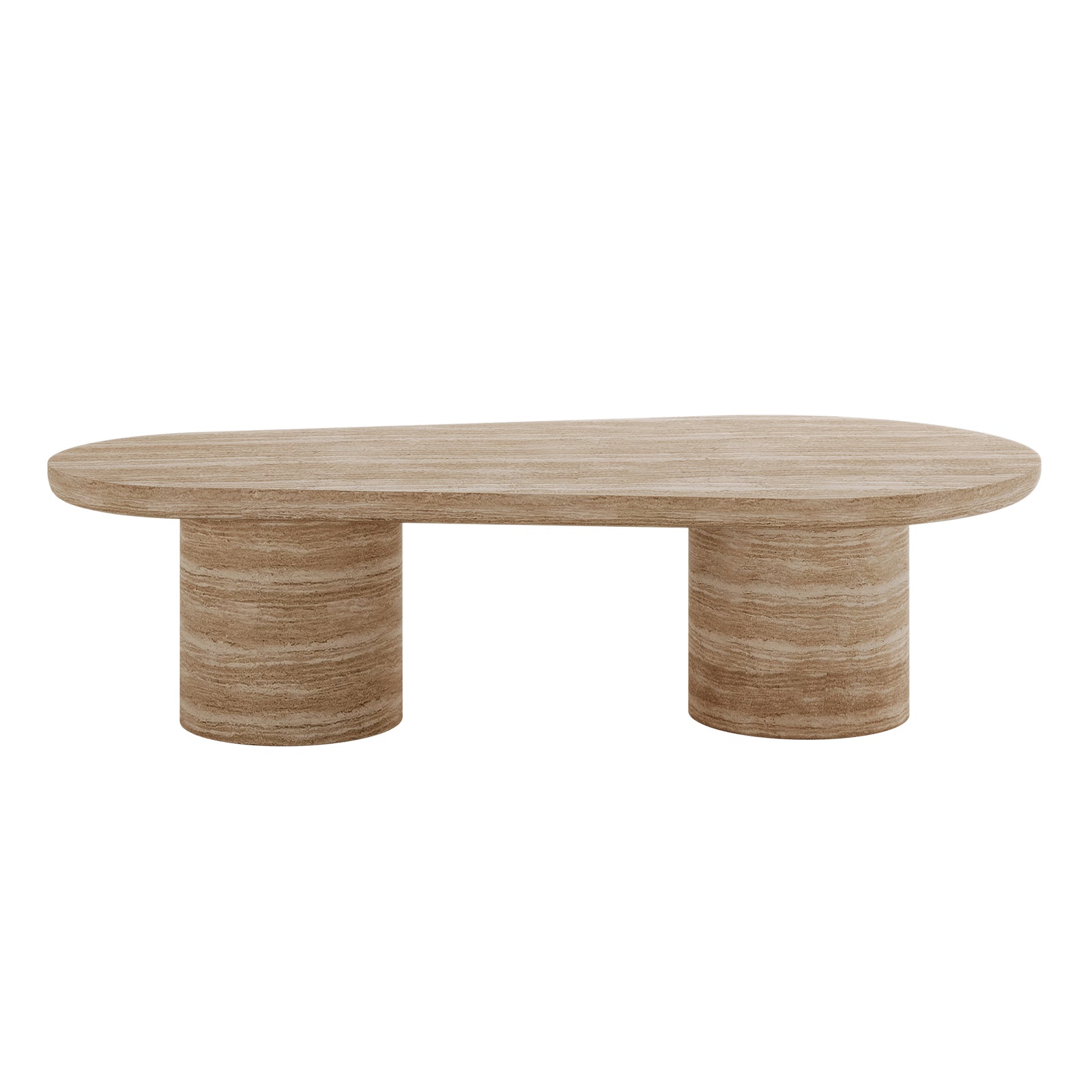 Amarosa Curved Indoor/Outdoor Concrete Coffee Table Beige features an oblong top with horizontal striations and two thick, round pedestal bases, showcasing a modern, artful design in a stone-like finish.