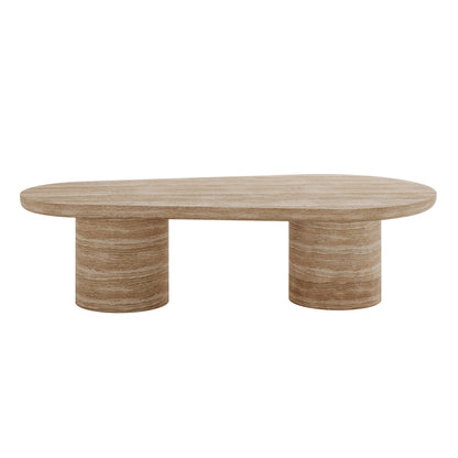 Amarosa Curved Indoor/Outdoor Concrete Coffee Table Beige features an oblong top with horizontal striations and two thick, round pedestal bases, showcasing a modern, artful design in a stone-like finish.