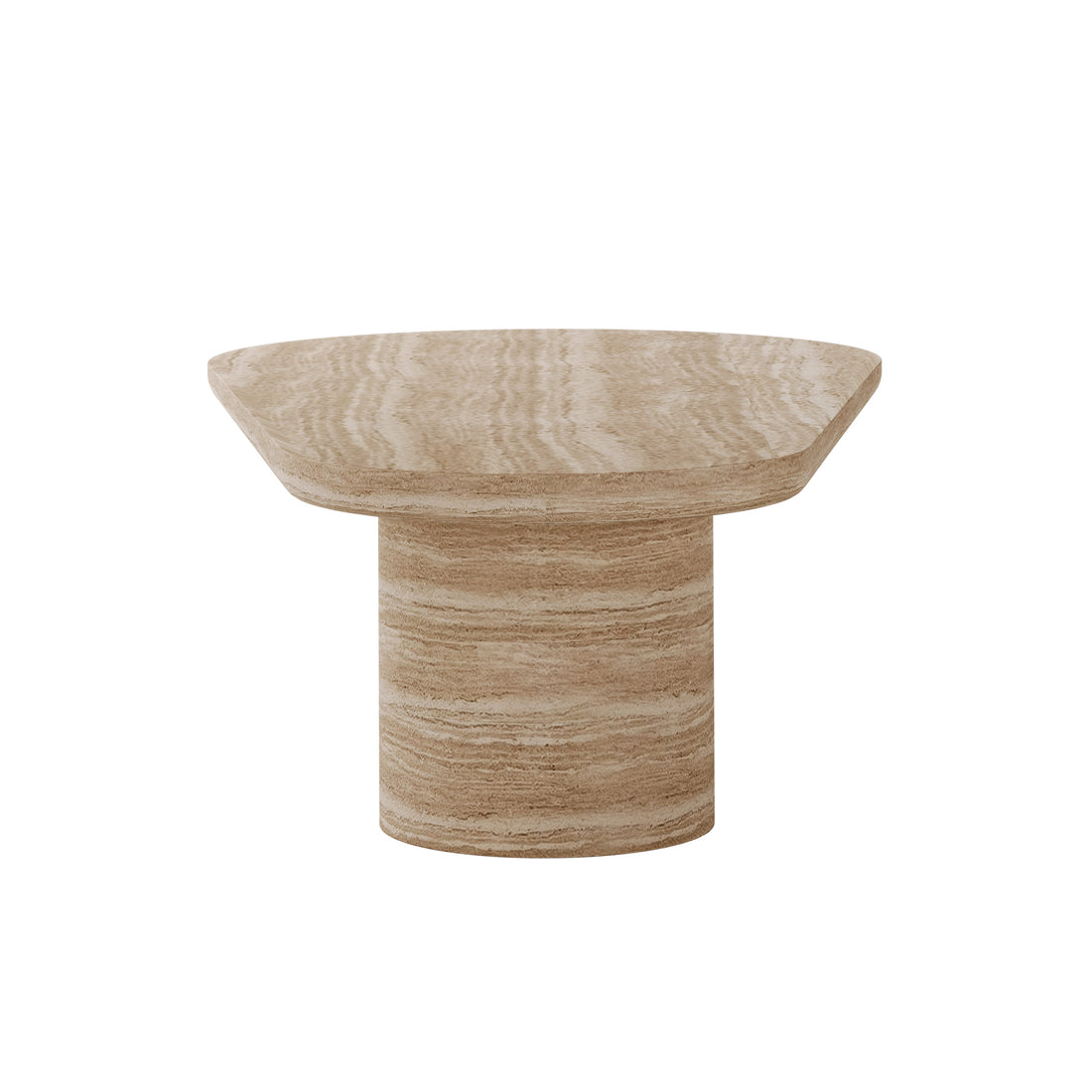 Amarosa Curved Indoor/Outdoor Concrete Coffee Table Beige features a minimalist, sculptural design with a cylindrical base and rounded square top, crafted from light-beige banded stone for a striking, natural look.