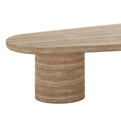 Amarosa Curved Indoor/Outdoor Concrete Coffee Table Beige features an elongated oval top with a single cylindrical pedestal base, resembling light-toned travertine, showcasing a modern, natural design.