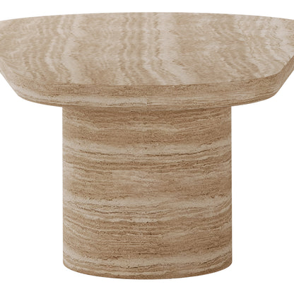 Amarosa Curved Indoor/Outdoor Concrete Coffee Table Beige with a cylindrical column base and gently chamfered top, showcasing a light wood-grain or travertine-style finish, ideal for versatile spaces.