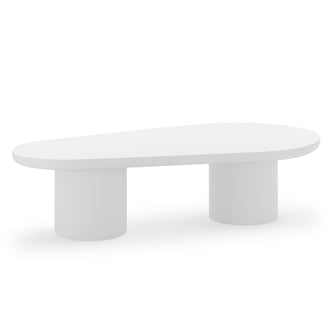 Amarosa Curved Indoor/Outdoor Concrete Coffee Table White featuring an elongated oval top with gently curved edges, supported by two cylindrical legs, showcasing a minimalist and modern design.