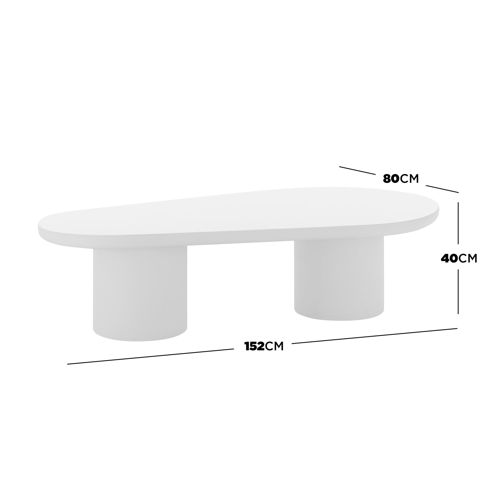Amarosa Curved Indoor/Outdoor Concrete Coffee Table White features a low, asymmetrical tabletop with two cylindrical legs, showcasing its modern, artistic design with overlay dimensions for length, width, and height.