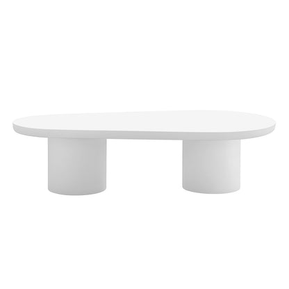 Amarosa Curved Indoor/Outdoor Concrete Coffee Table White with an elongated oval top and cylindrical pedestals, showcasing sleek, minimalist design on a plain background.