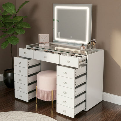 White vanity table in a cozy room with stool, mirror, and makeup accessories