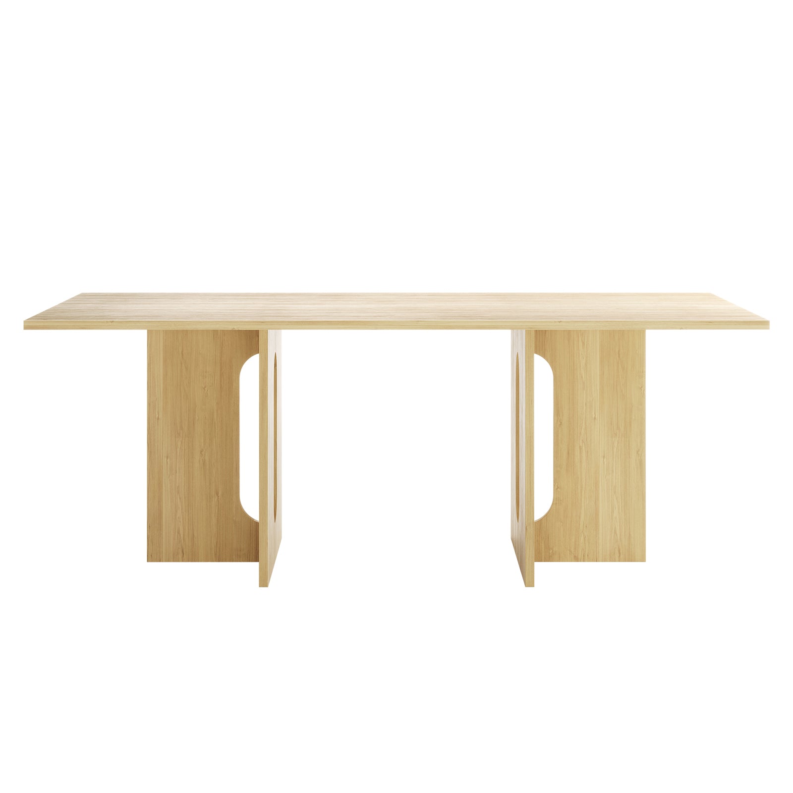 Amora 200cm Dining Table - Natural features a light-toned wooden rectangular top with two broad panel legs, each showcasing an elongated oval cut-out, highlighting its modern minimalist design.