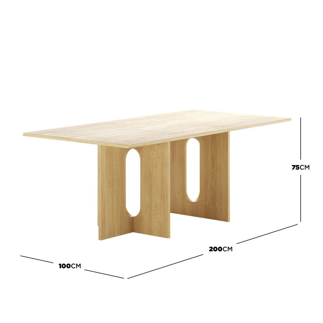 Amora 200cm Dining Table - Natural with light oak-style finish, rectangular top, and two interlocking pedestal legs featuring elongated oval cut-outs. Dimension lines indicate 200cm length, 100cm width, 75cm height.