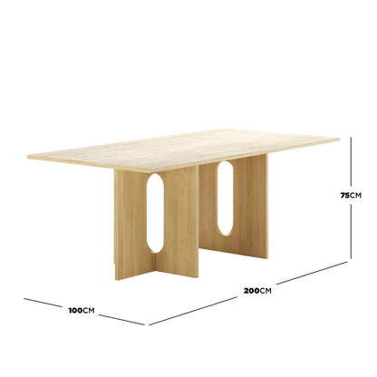 Amora 200cm Dining Table - Natural with light oak-style finish, rectangular top, and two interlocking pedestal legs featuring elongated oval cut-outs. Dimension lines indicate 200cm length, 100cm width, 75cm height.