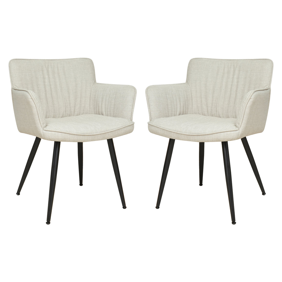 Anthony Linen Dining Chair with Arms Set of 2 in Beige, featuring cream-beige textured upholstery with vertical stitching, low integrated armrests, and slim black metal legs, embodies modern elegance and comfort.