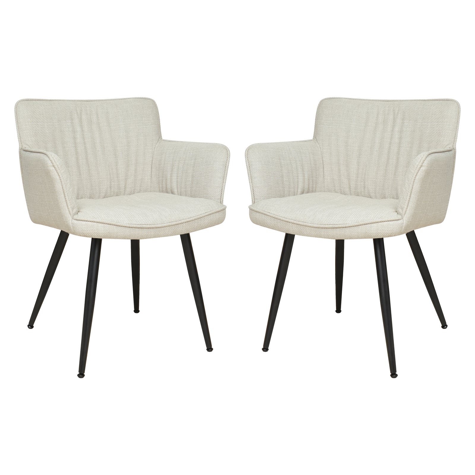 Anthony Linen Dining Chair with Arms Set of 2 in Beige, featuring cream-beige textured upholstery with vertical stitching, low integrated armrests, and slim black metal legs, embodies modern elegance and comfort.