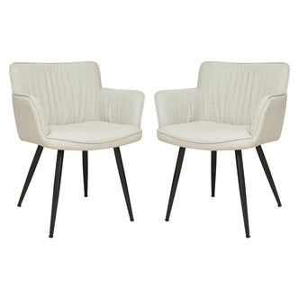 Anthony Linen Dining Chair with Arms Set of 2 in Beige, featuring cream-beige textured upholstery with vertical stitching, low integrated armrests, and slim black metal legs, embodies modern elegance and comfort.