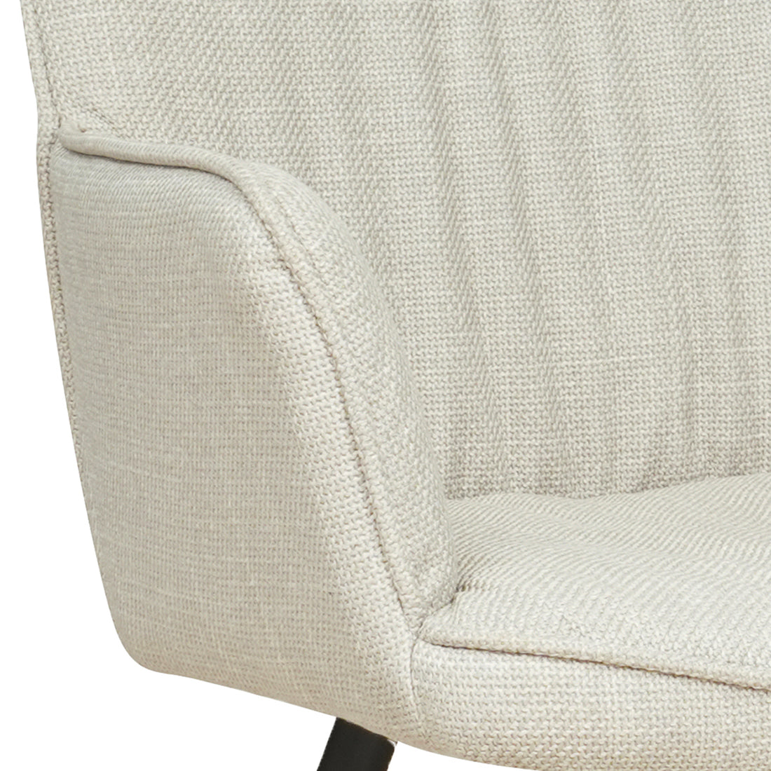 Close-up of Anthony Linen Dining Chair with Arms Set of 2 in Beige, showcasing textured off-white upholstery, sculpted backrest, and dark metal legs, blending comfort with modern elegance.