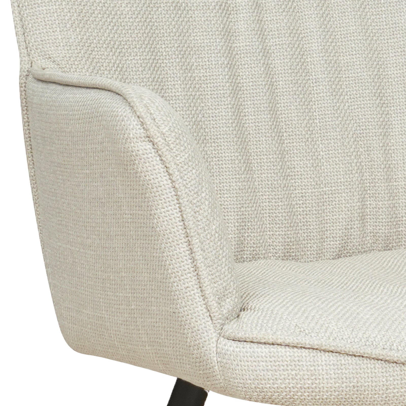 Close-up of Anthony Linen Dining Chair with Arms Set of 2 in Beige, showcasing textured off-white upholstery, sculpted backrest, and dark metal legs, blending comfort with modern elegance.
