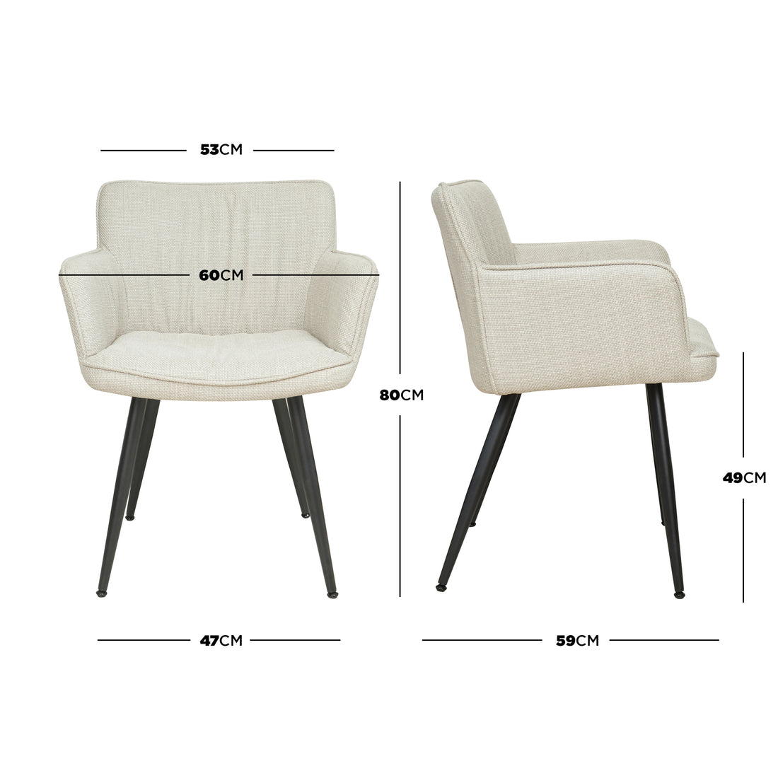 Anthony Linen Dining Chair with Arms Set of 2 in Beige, featuring cream fabric, sculpted backrests, high armrests, and angled black metal legs; dimensions: 80 cm height, 60 cm width, 59 cm depth.