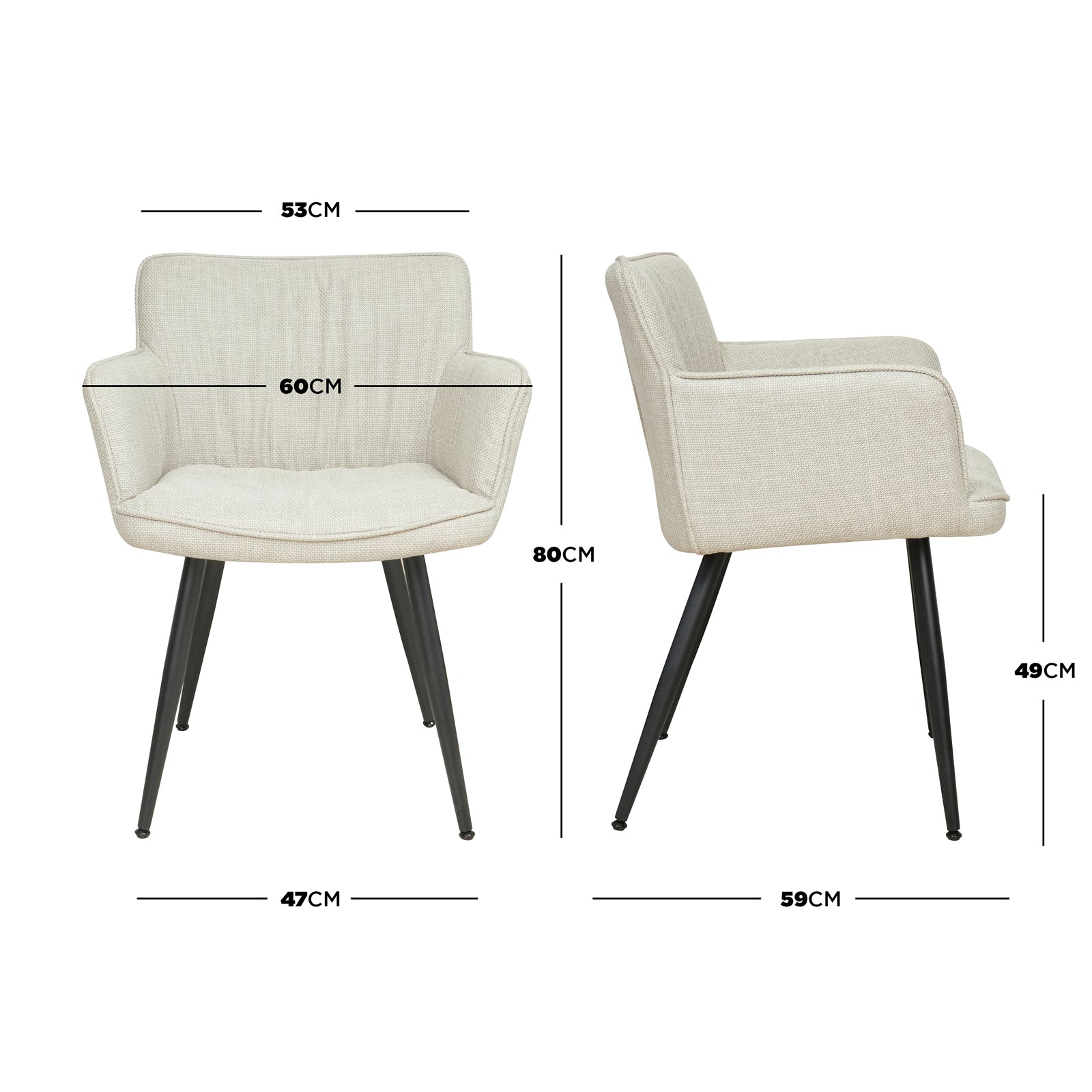 Anthony Linen Dining Chair with Arms Set of 2 in Beige, featuring cream fabric, sculpted backrests, high armrests, and angled black metal legs; dimensions: 80 cm height, 60 cm width, 59 cm depth.