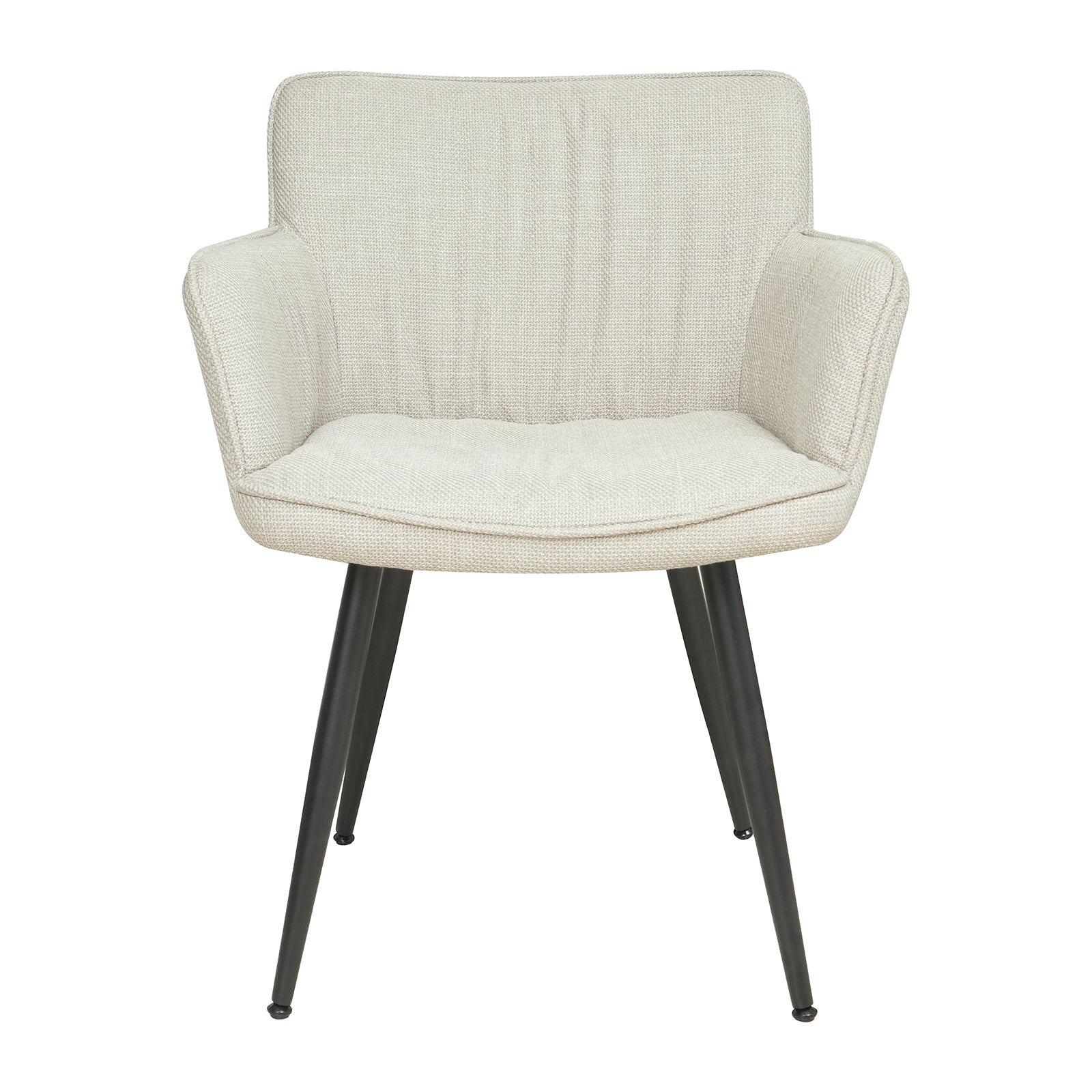 Anthony Linen Dining Chair with Arms Set of 2 in Beige, featuring a curved bucket-style seat in cream woven fabric, and slender black metal legs, combining modern elegance with functional comfort.