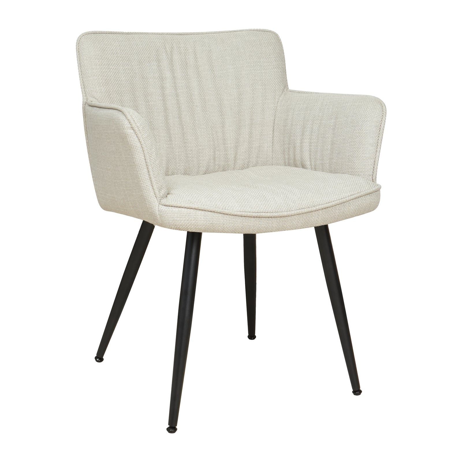Anthony Linen Dining Chair with Arms Set of 2 in Beige features a curved upholstered seat, high armrests, and slim black metal legs, offering a modern, comfortable addition to any dining space.