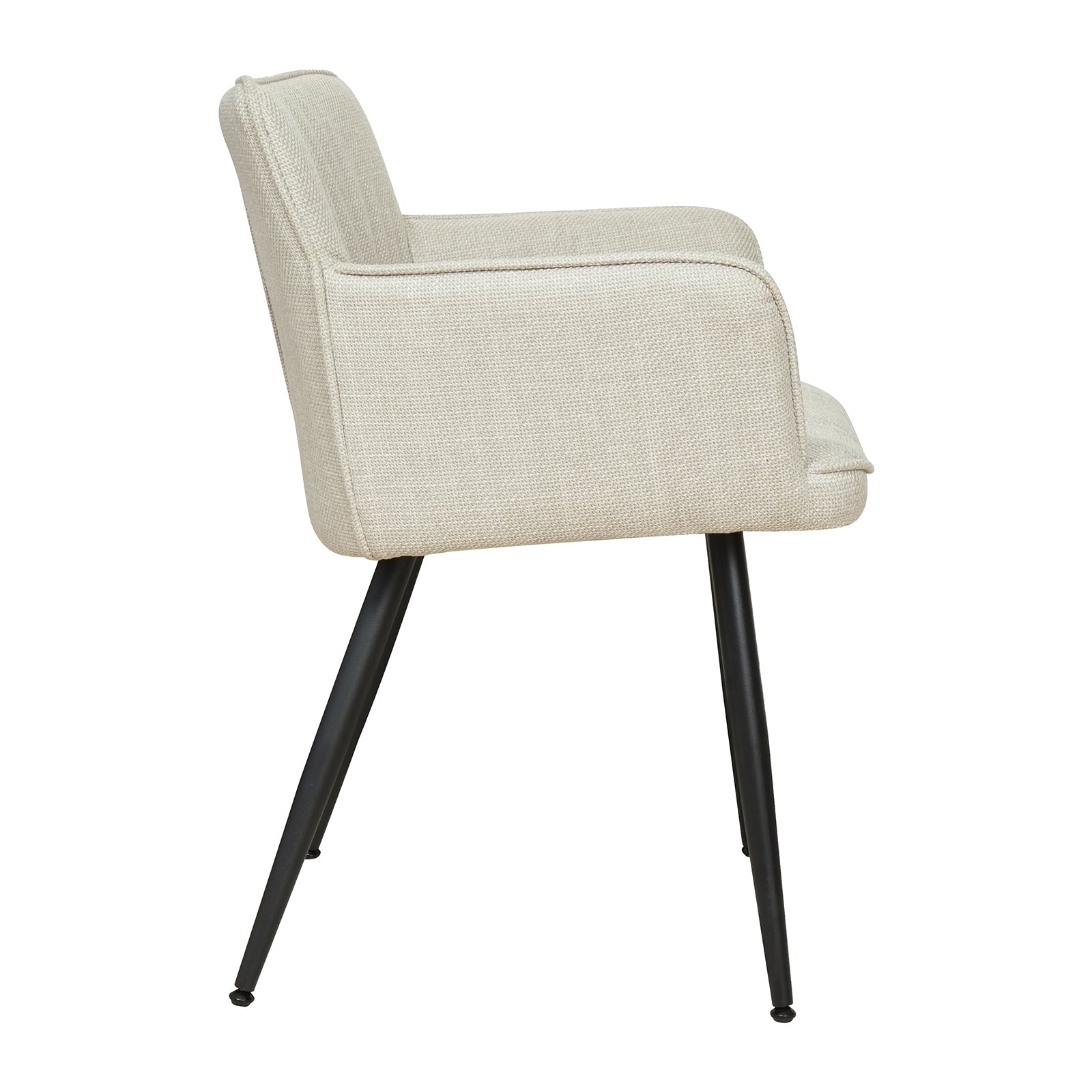 Anthony Linen Dining Chair with Arms Set of 2 in Beige features a modern design with padded, curved backrests, integrated armrests, and slender black metal legs, combining style and comfort for dining.