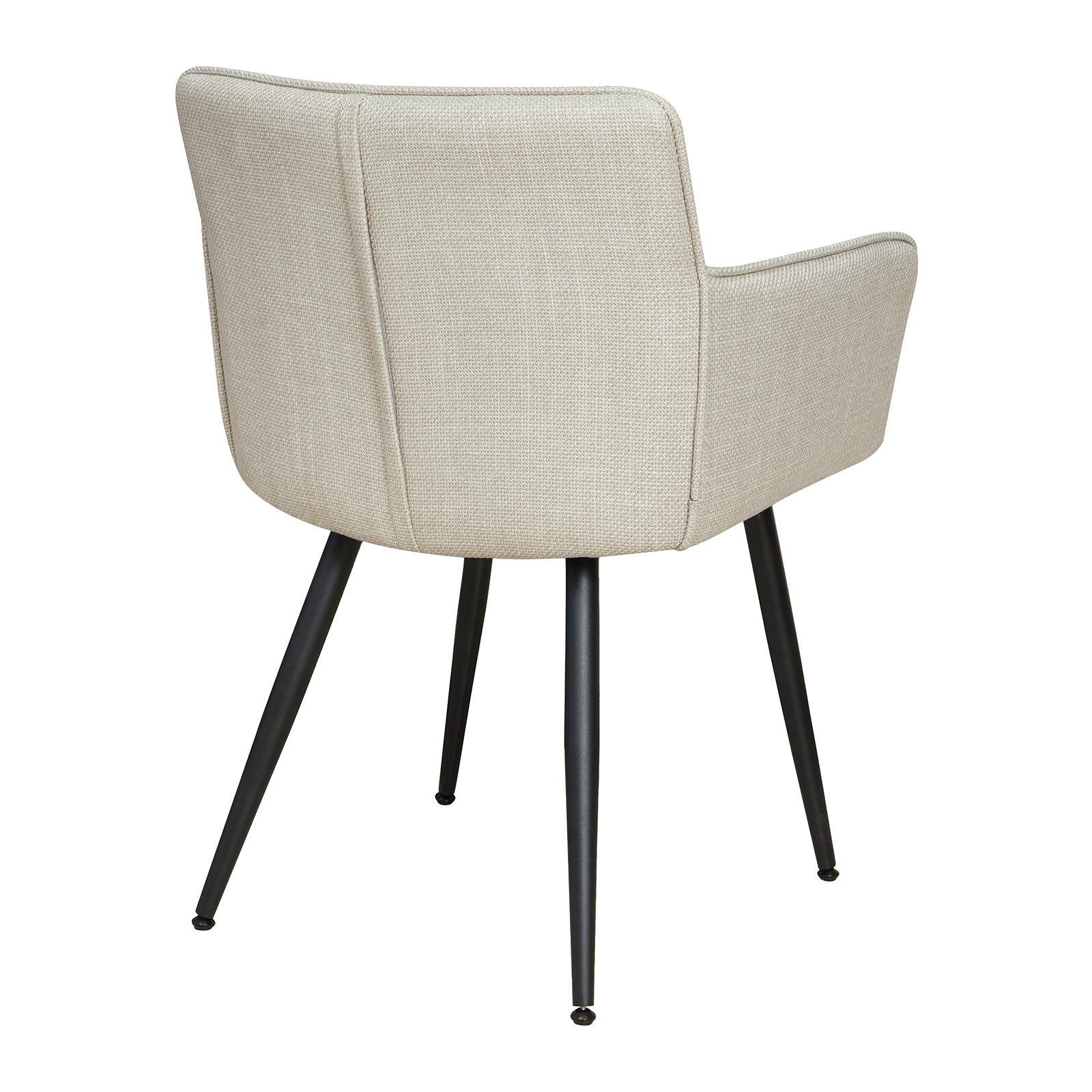 Anthony Linen Dining Chair with Arms Set of 2 in Beige, featuring a modern, gently curved upholstered shell, light beige fabric, and slender black metal legs for a sleek mid-century-inspired aesthetic.