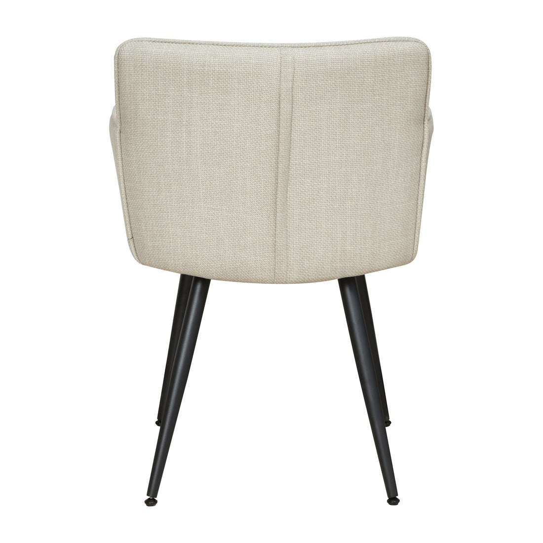 Rear view of the Anthony Linen Dining Chair with Arms Set of 2 in Beige, featuring contoured light-beige fabric back and seat, supported by slender, splayed black metal legs.