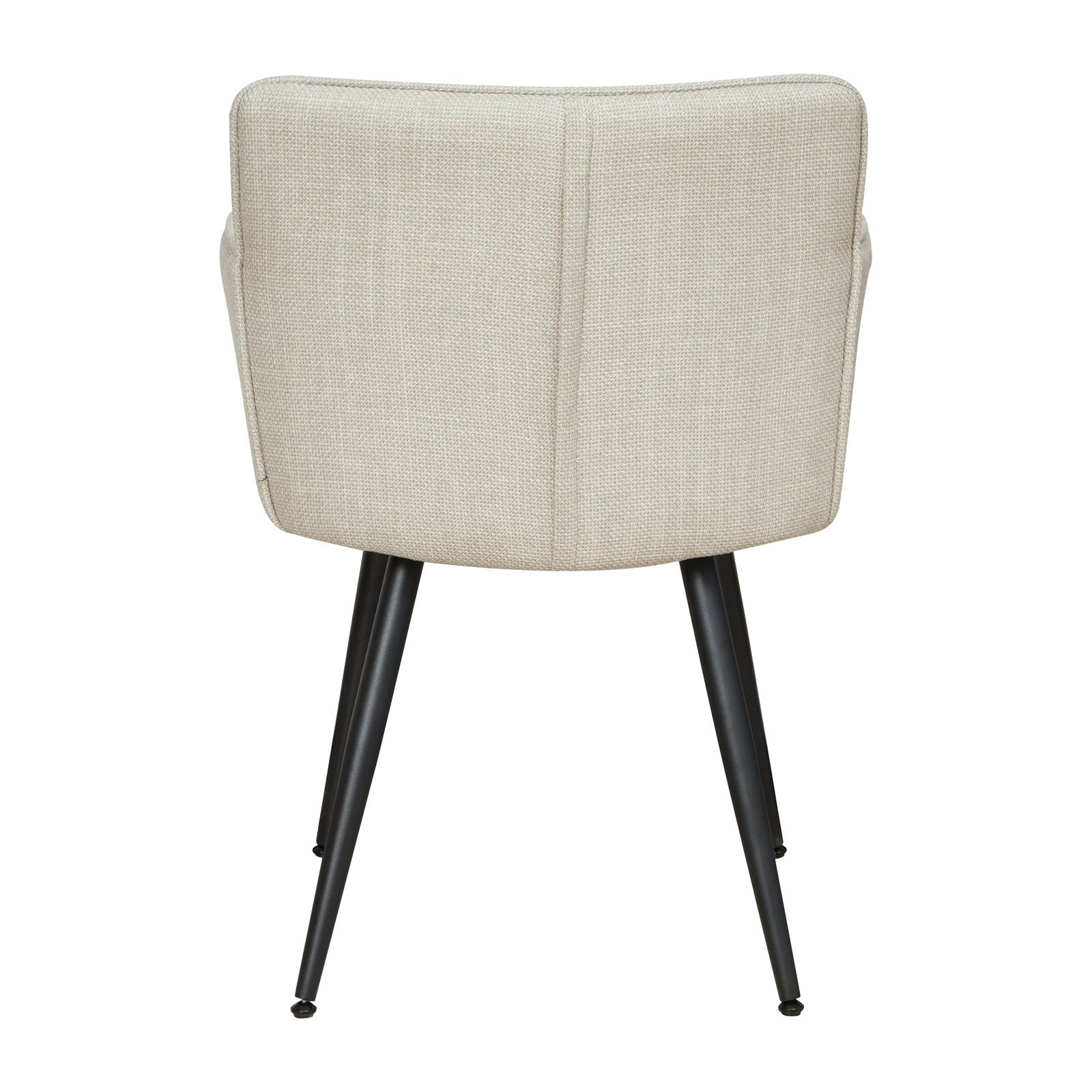 Rear view of the Anthony Linen Dining Chair with Arms Set of 2 in Beige, featuring contoured light-beige fabric back and seat, supported by slender, splayed black metal legs.