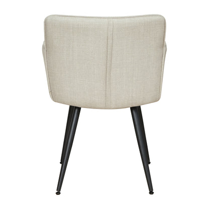 Rear view of the Anthony Linen Dining Chair with Arms Set of 2 in Beige, featuring contoured light-beige fabric back and seat, supported by slender, splayed black metal legs.